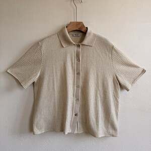 Linea Moda Metallic Knit Cabana Polo Cardigan Cream Ribbed Short Sleeve Italy L